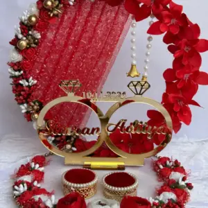 Mridang Engagement Ring platter with Customize name beautiful Floral work Wood Decorative Platter  (Red)